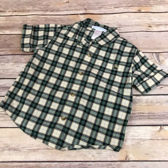Janie & Jack Boys Shirt Size 6-12 Mo Hole in One Plaid Green Beige Button Front - Picture 4 of 6